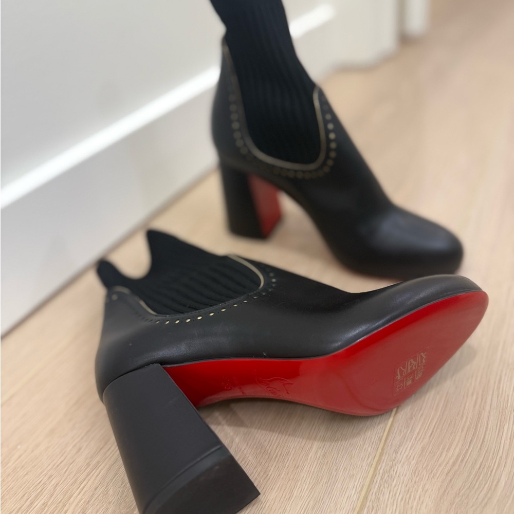 Louboutin red bottom leather sock booties with block heel